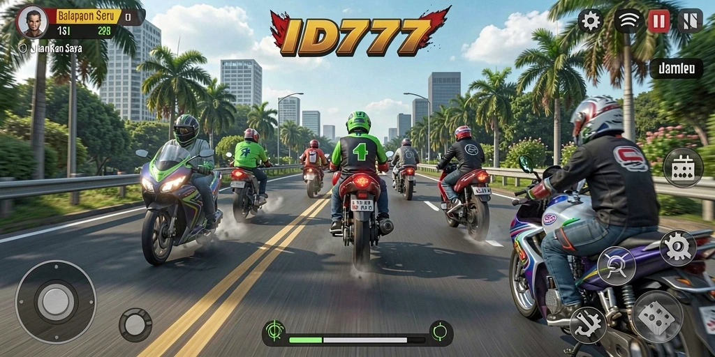 Tampilan seru gameplay ID777 saat balapan motor di jalan raya.
