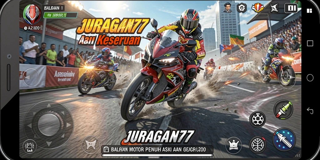 Screenshot menunjukkan aksi balapan motor yang mendebarkan di JURAGAN77.