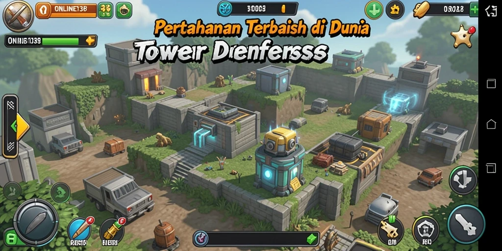 Tangkapan layar utama menunjukkan aksi seru Tower Defense di dalam game.