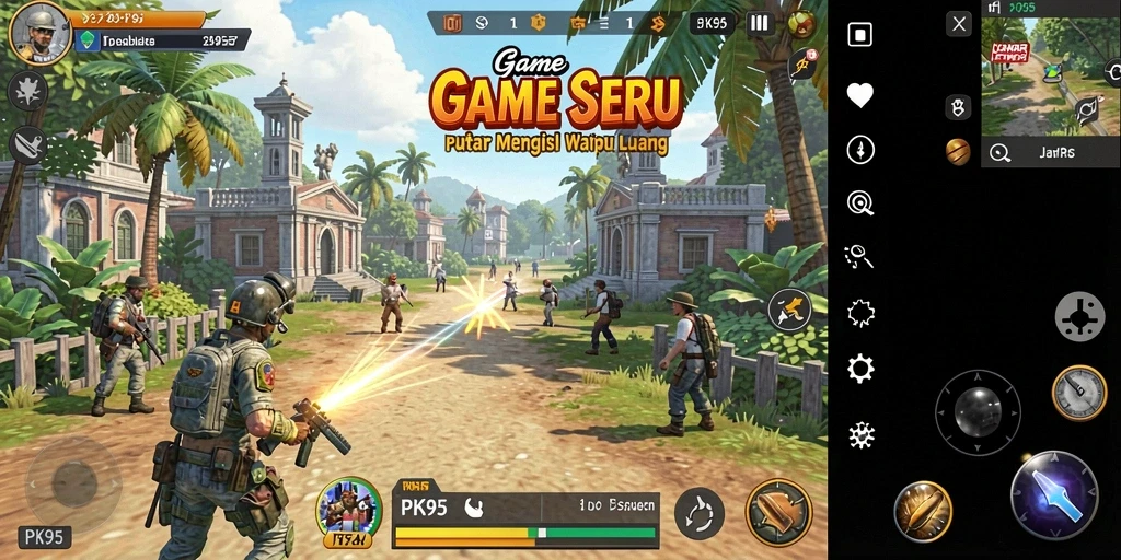 Tampilan gameplay PK95 yang ceria dan penuh warna.